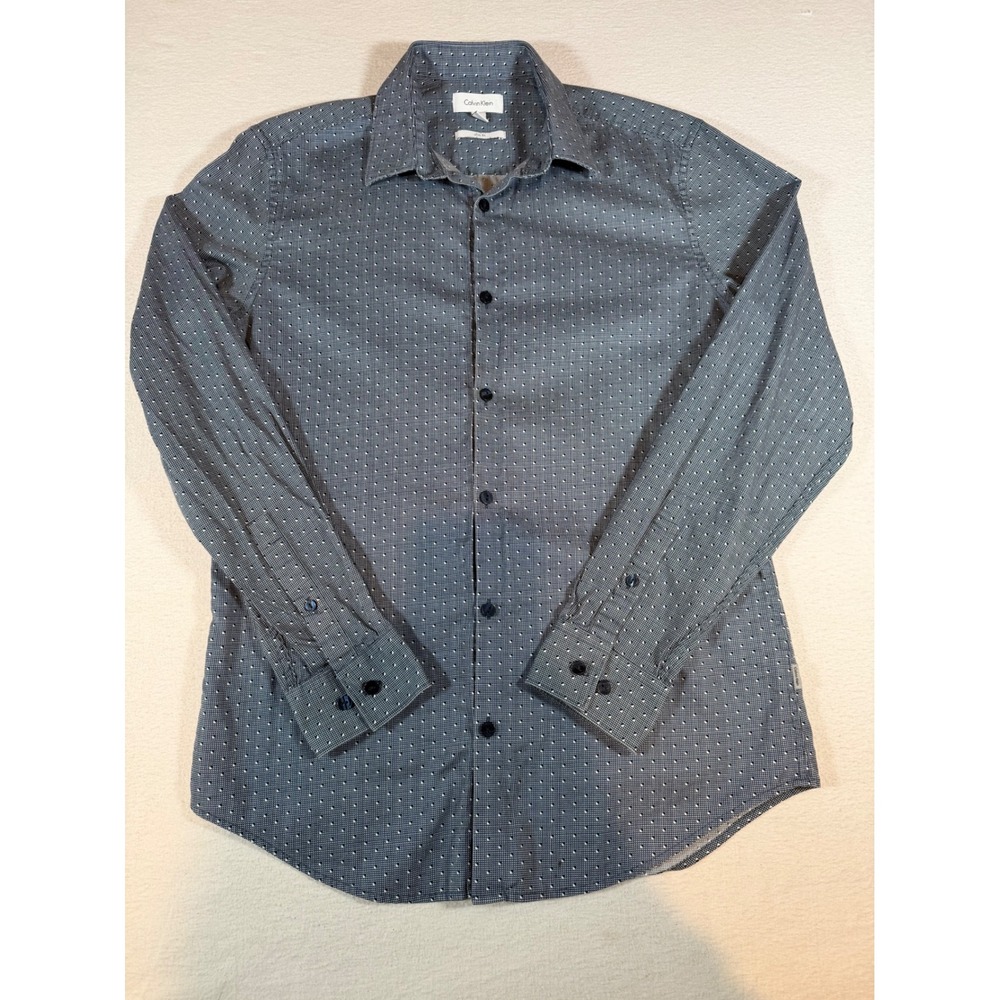 Calvin Klein Mens Slim Fit Button Down Shirt Navy Blue Geometric Print Small